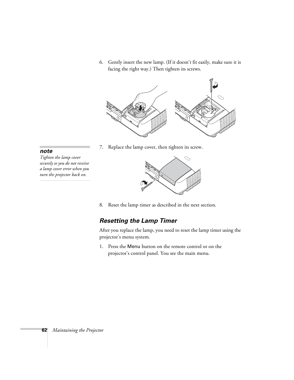 Resetting the lamp timer | Epson EX21 User Manual | Page 62 / 96