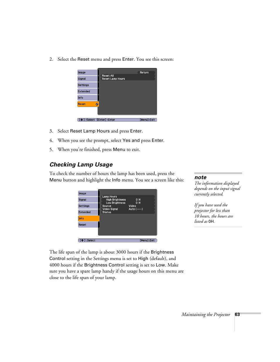 Checking lamp usage | Epson EX21 User Manual | Page 63 / 96