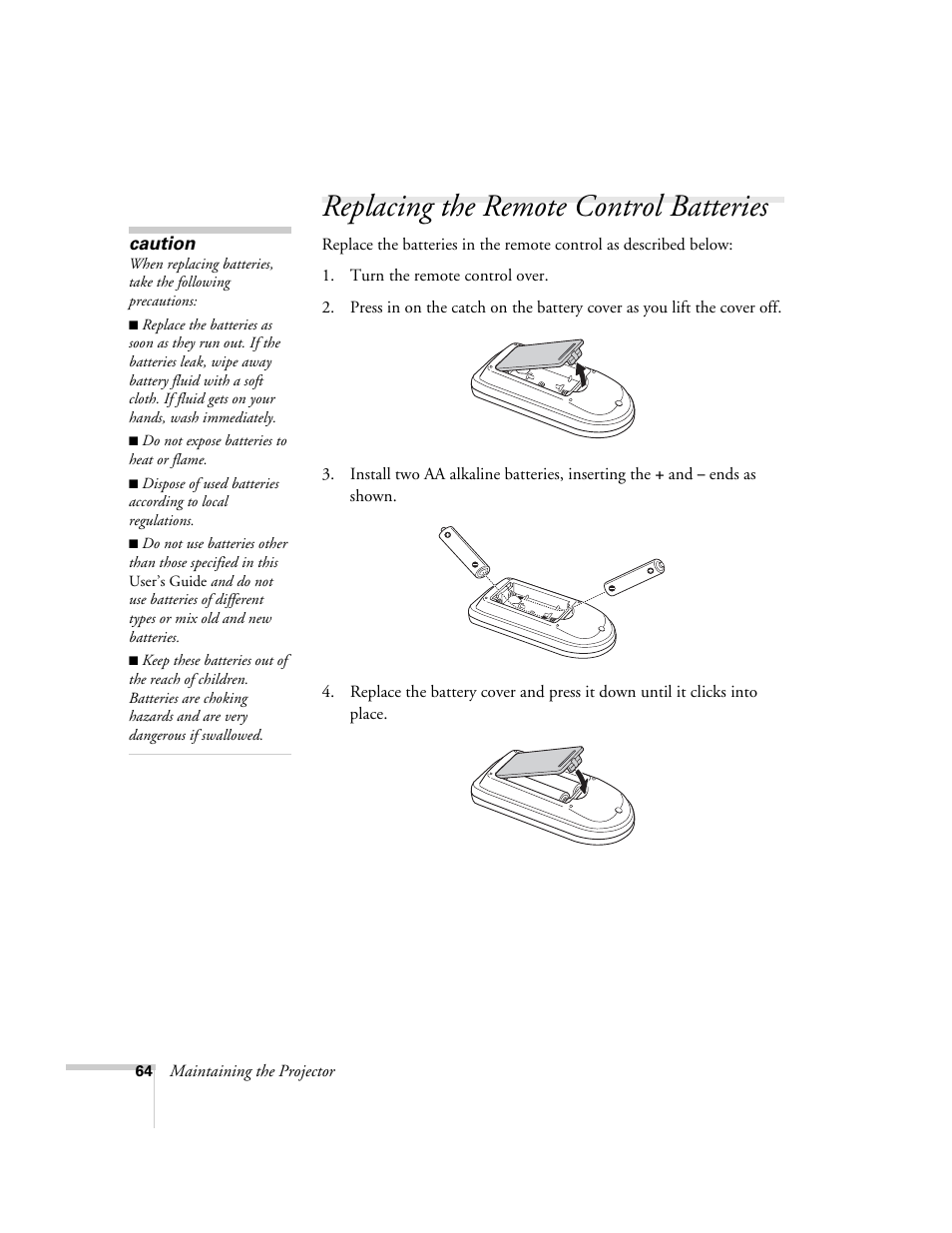 Replacing the remote control batteries | Epson EX21 User Manual | Page 64 / 96