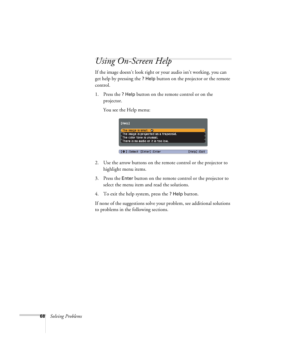 Using on-screen help, Using the projector’s on-screen help system | Epson EX21 User Manual | Page 68 / 96