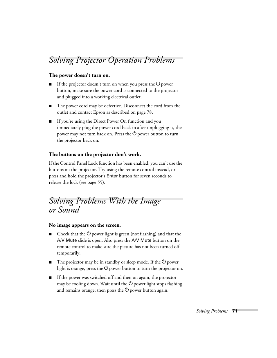 Solving projector operation problems, Solving problems with the image or sound | Epson EX21 User Manual | Page 71 / 96