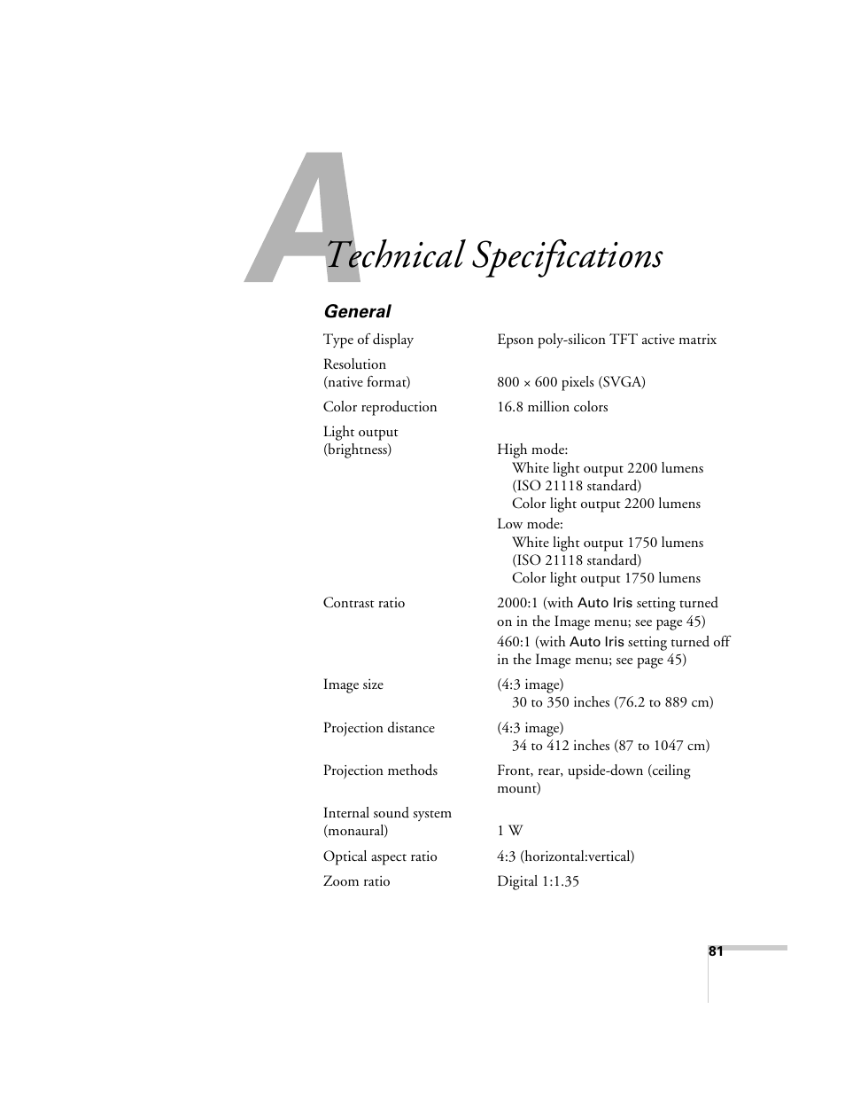 Technical specifications | Epson EX21 User Manual | Page 81 / 96