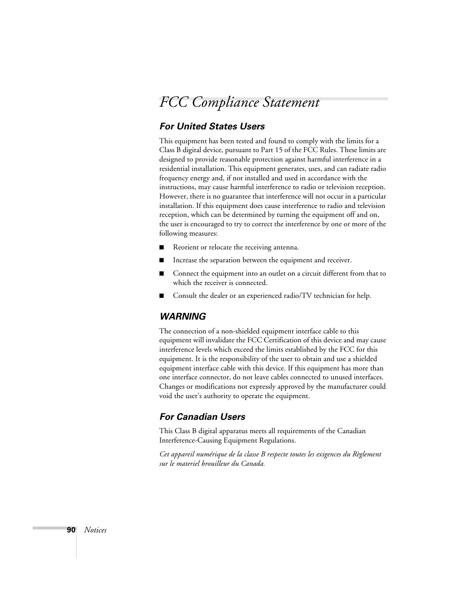 Fcc compliance statement | Epson EX21 User Manual | Page 90 / 96