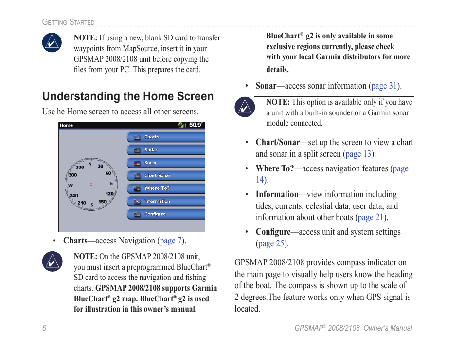 Understanding the home screen | Garmin GPSMAP 2108 User Manual | Page 10 / 124