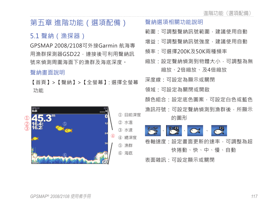 第五章 進階功能（選項配備, 1 聲納（漁探器 | Garmin GPSMAP 2108 User Manual | Page 121 / 124