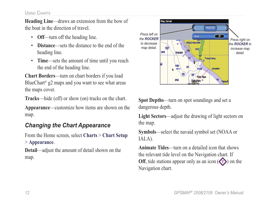 Changing the chart appearance | Garmin GPSMAP 2108 User Manual | Page 16 / 124