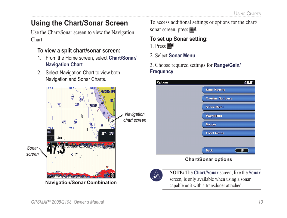 Using the chart/sonar screen | Garmin GPSMAP 2108 User Manual | Page 17 / 124