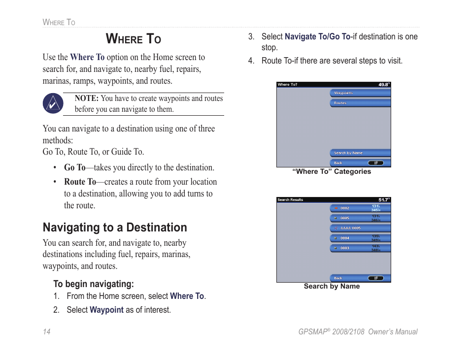 Navigating to a destination | Garmin GPSMAP 2108 User Manual | Page 18 / 124
