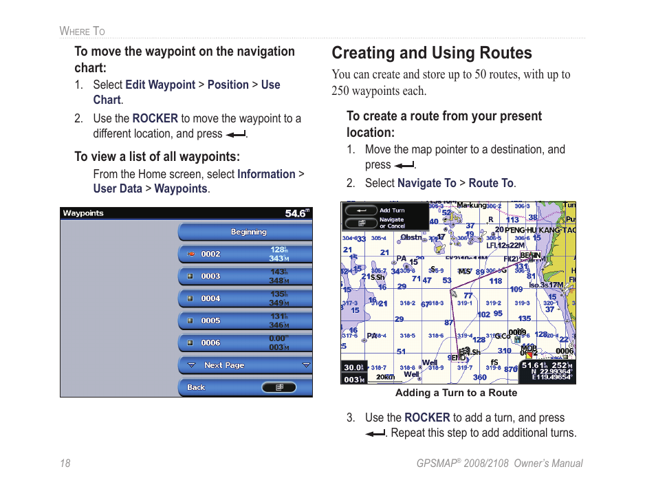 Creating and using routes | Garmin GPSMAP 2108 User Manual | Page 22 / 124