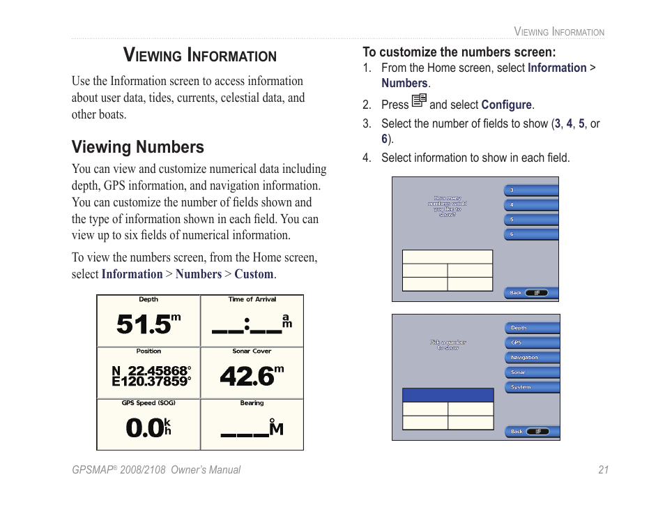 Viewing numbers | Garmin GPSMAP 2108 User Manual | Page 25 / 124