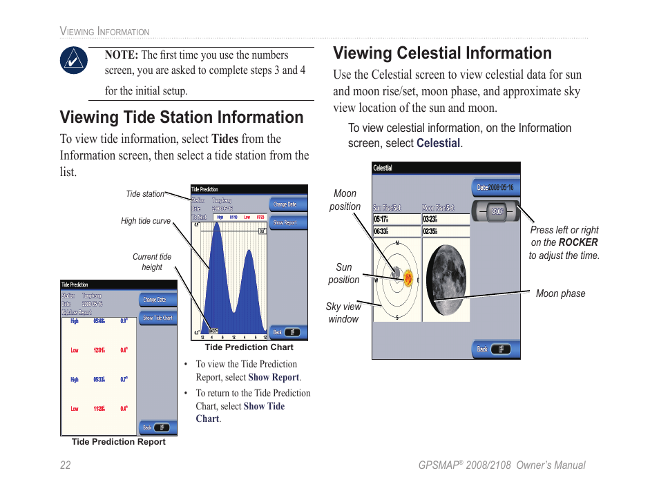 Viewing tide station information, Viewing celestial information | Garmin GPSMAP 2108 User Manual | Page 26 / 124