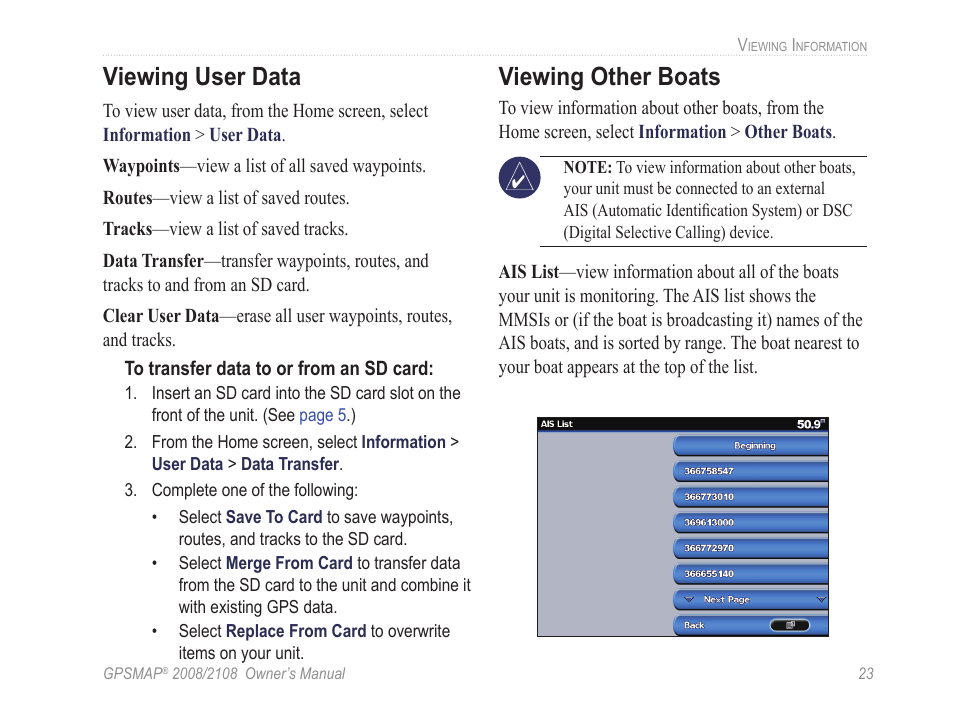 Viewing user data, Viewing other boats | Garmin GPSMAP 2108 User Manual | Page 27 / 124