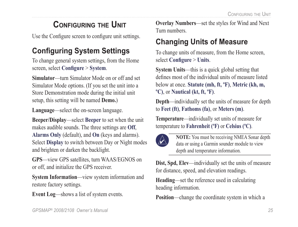 Configuring system settings, Changing units of measure | Garmin GPSMAP 2108 User Manual | Page 29 / 124