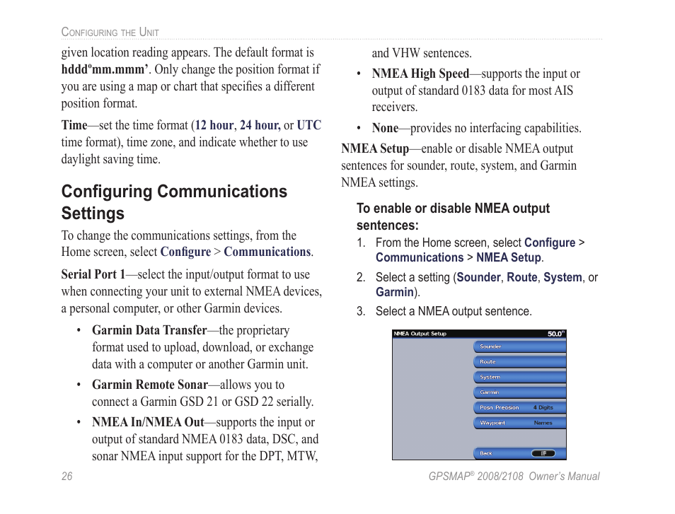 Configuring communications settings | Garmin GPSMAP 2108 User Manual | Page 30 / 124