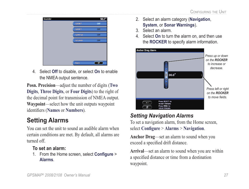Setting alarms, Setting navigation alarms | Garmin GPSMAP 2108 User Manual | Page 31 / 124