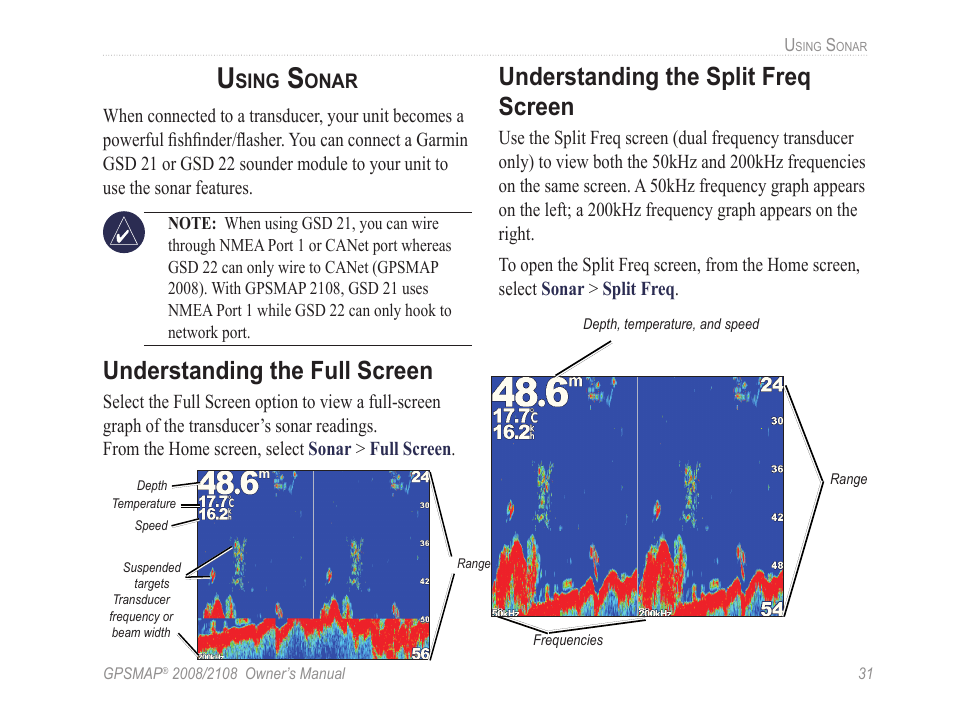 Understanding the full screen, Understanding the split freq screen | Garmin GPSMAP 2108 User Manual | Page 35 / 124