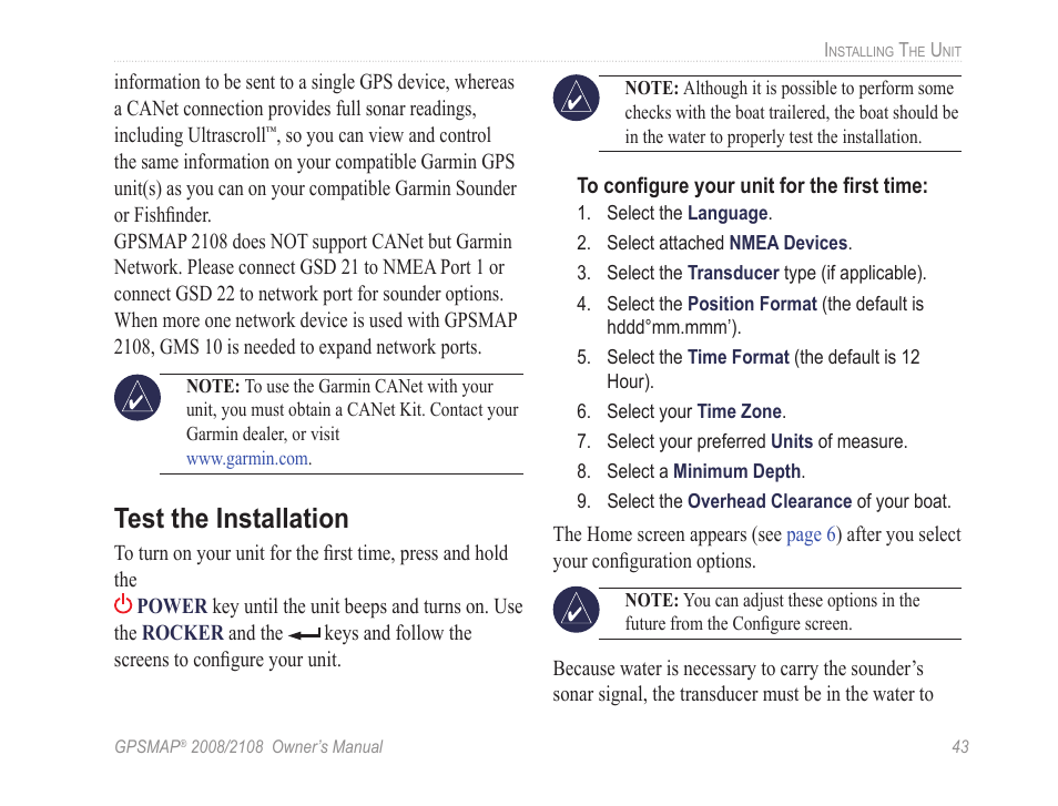 Test the installation | Garmin GPSMAP 2108 User Manual | Page 47 / 124