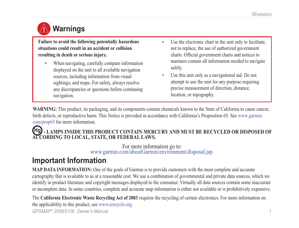 Warnings important information | Garmin GPSMAP 2108 User Manual | Page 5 / 124