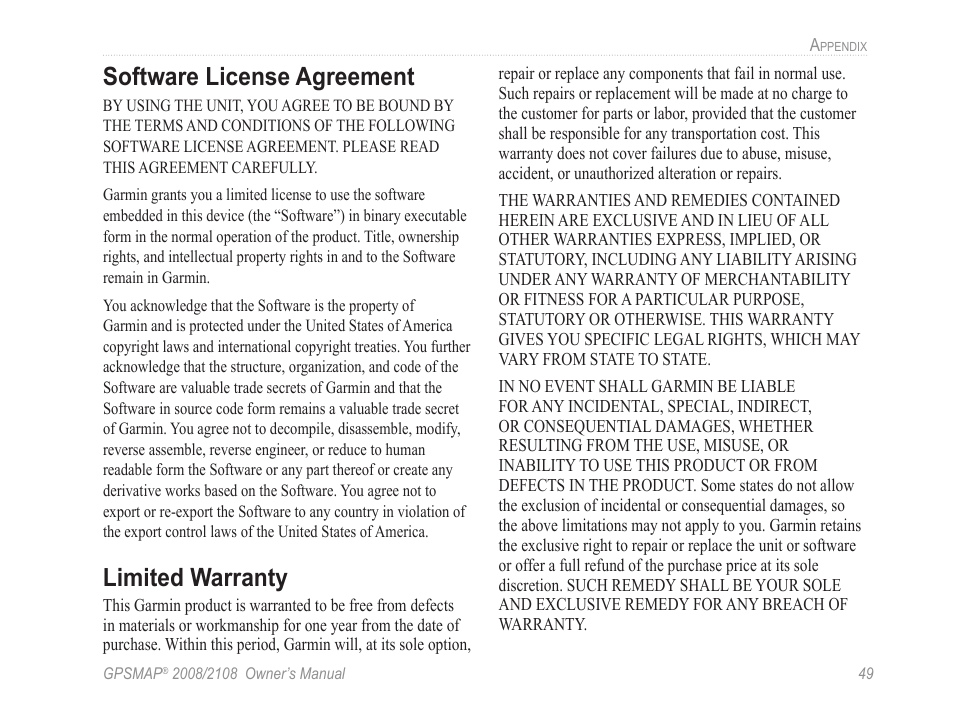 Software license agreement, Limited warranty | Garmin GPSMAP 2108 User Manual | Page 53 / 124