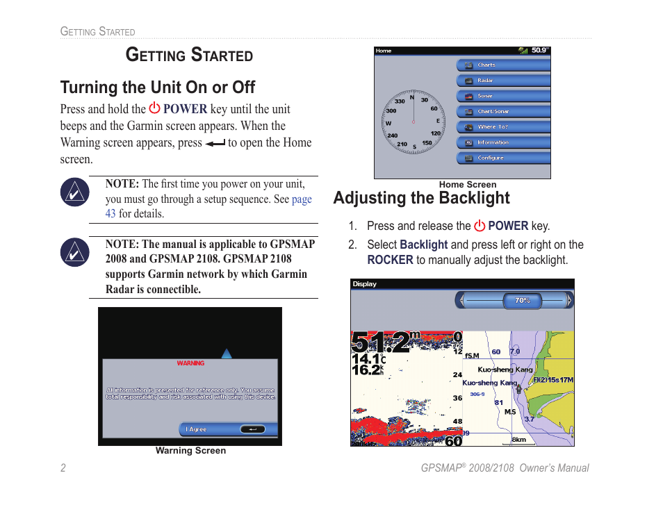 Turning the unit on or off, Adjusting the backlight | Garmin GPSMAP 2108 User Manual | Page 6 / 124