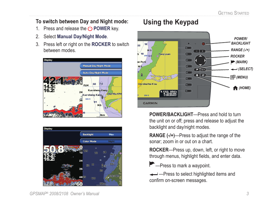 Using the keypad | Garmin GPSMAP 2108 User Manual | Page 7 / 124