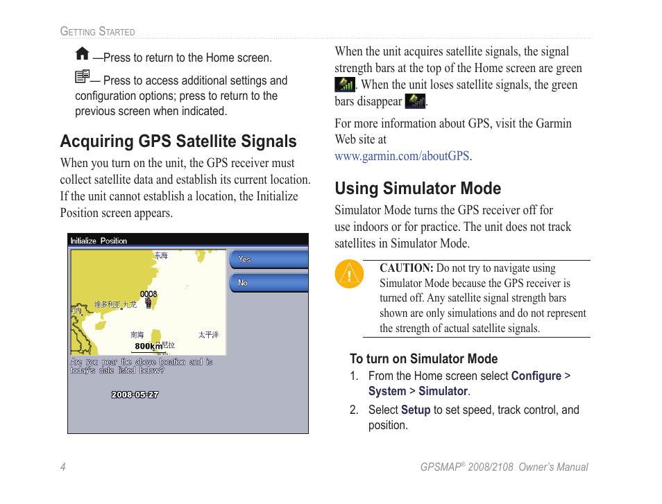 Acquiring gps satellite signals, Using simulator mode | Garmin GPSMAP 2108 User Manual | Page 8 / 124