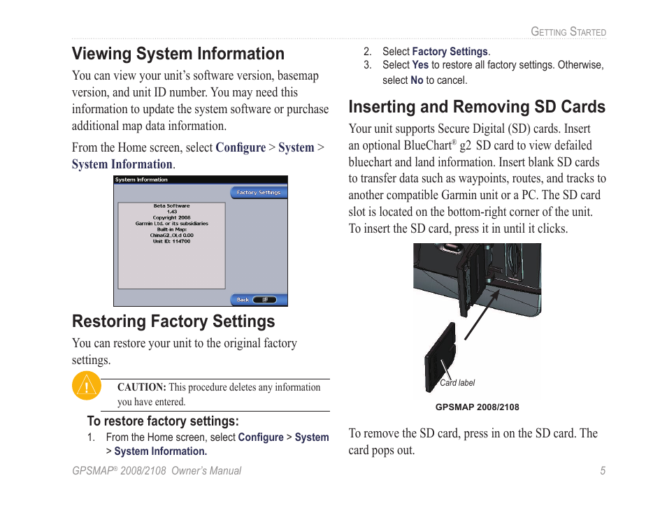 Viewing system information, Restoring factory settings, Inserting and removing sd cards | Garmin GPSMAP 2108 User Manual | Page 9 / 124