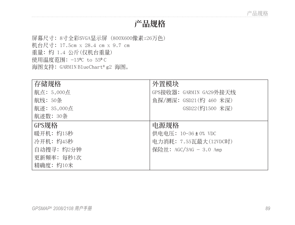 產品規格 | Garmin GPSMAP 2108 User Manual | Page 93 / 124