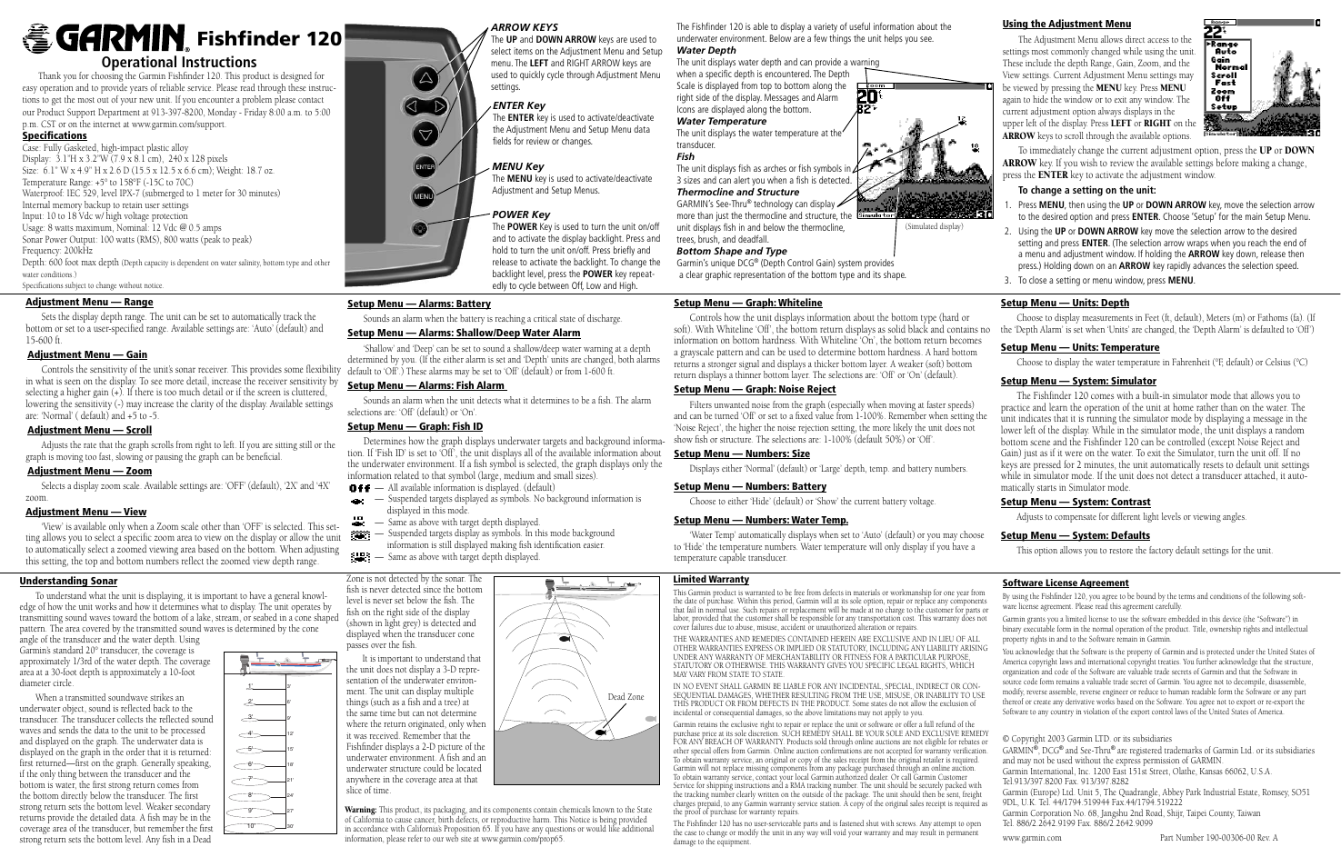 Fishﬁ nder 120, Operational instructions | Garmin 120 User Manual | Page 2 / 2