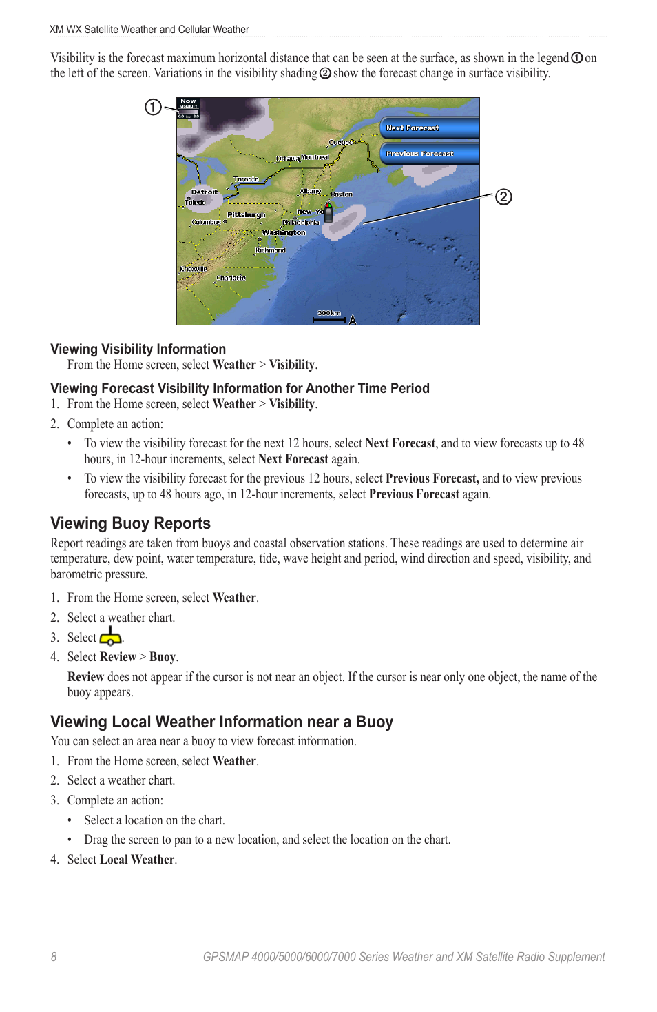 Viewing buoy reports, Viewing local weather information near a buoy, Buoy data | Garmin 7000 User Manual | Page 12 / 24