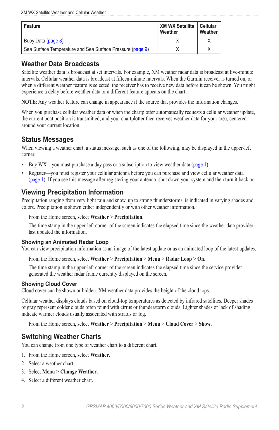 Weather data broadcasts, Status messages, Viewing precipitation information | Switching weather charts, Radar | Garmin 7000 User Manual | Page 6 / 24