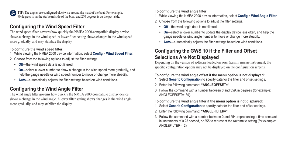 Configuring the wind speed filter, Configuring the wind angle filter | Garmin GWS 10 User Manual | Page 2 / 2