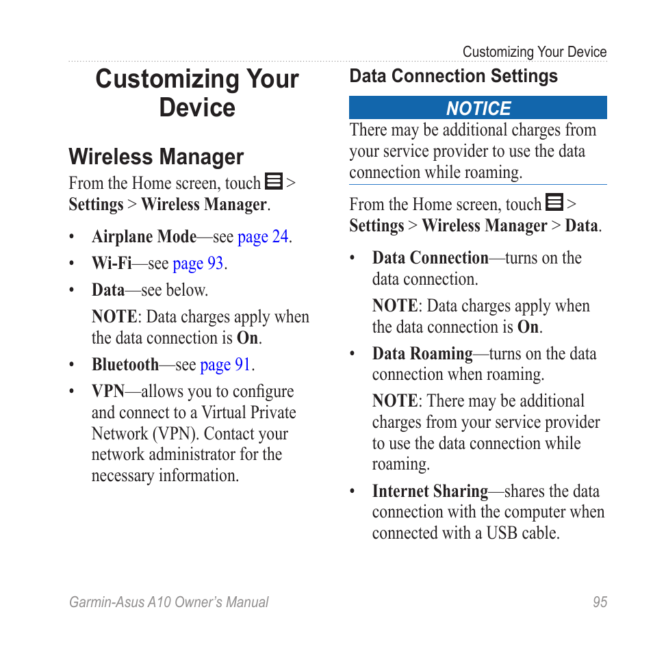 Customizing your device, Wireless manager | Garmin ASUS A10 User Manual | Page 103 / 134