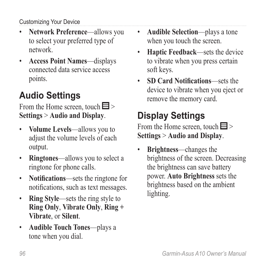 Audio settings, Display settings | Garmin ASUS A10 User Manual | Page 104 / 134