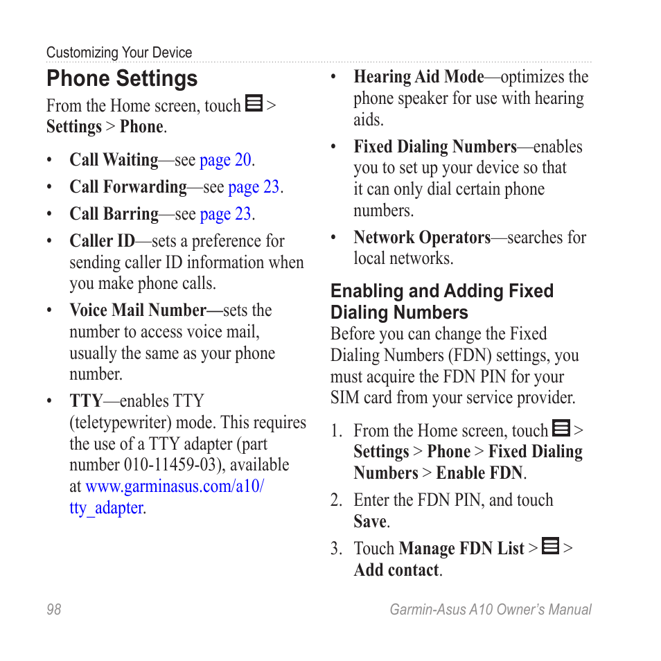 Phone settings | Garmin ASUS A10 User Manual | Page 106 / 134