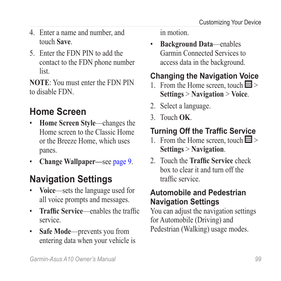 Home screen, Navigation settings | Garmin ASUS A10 User Manual | Page 107 / 134