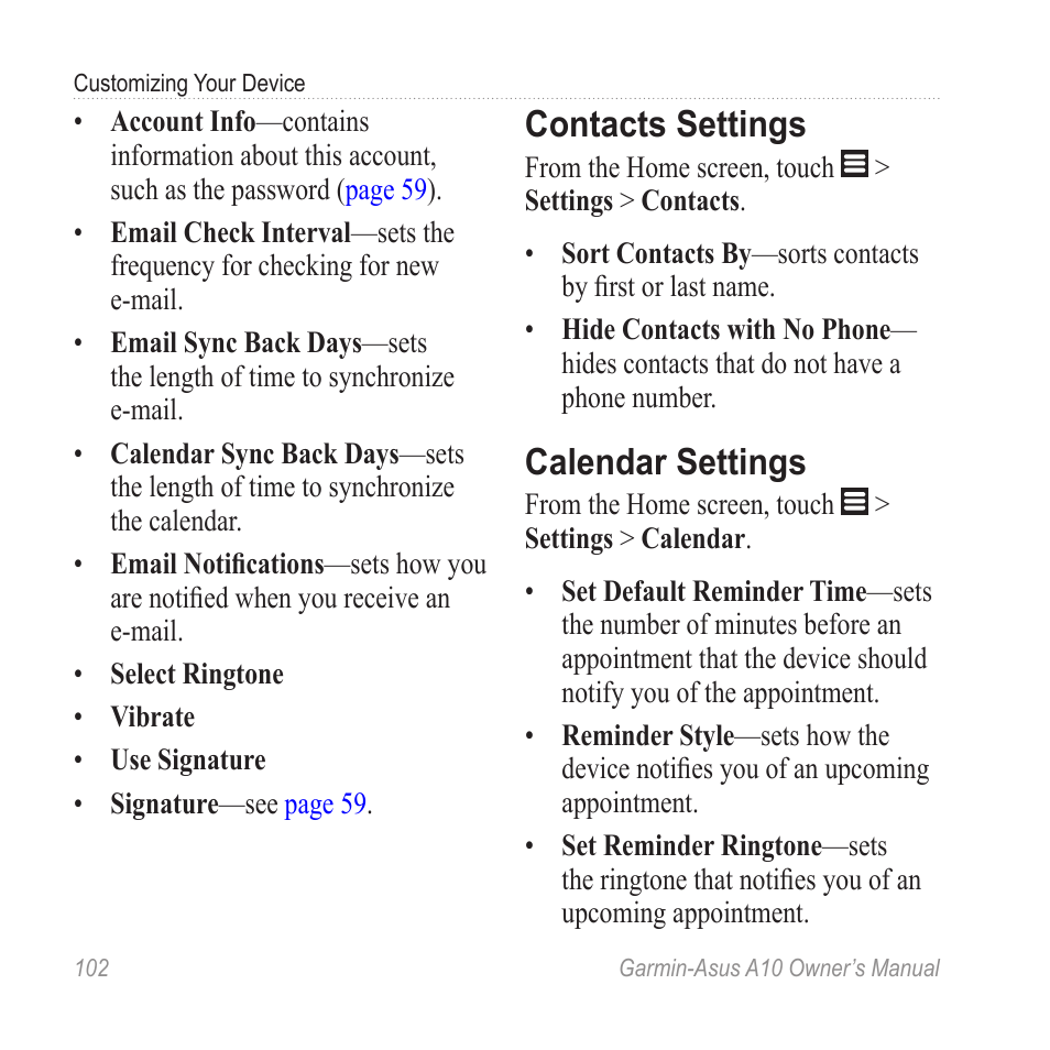 Contacts settings, Calendar settings | Garmin ASUS A10 User Manual | Page 110 / 134