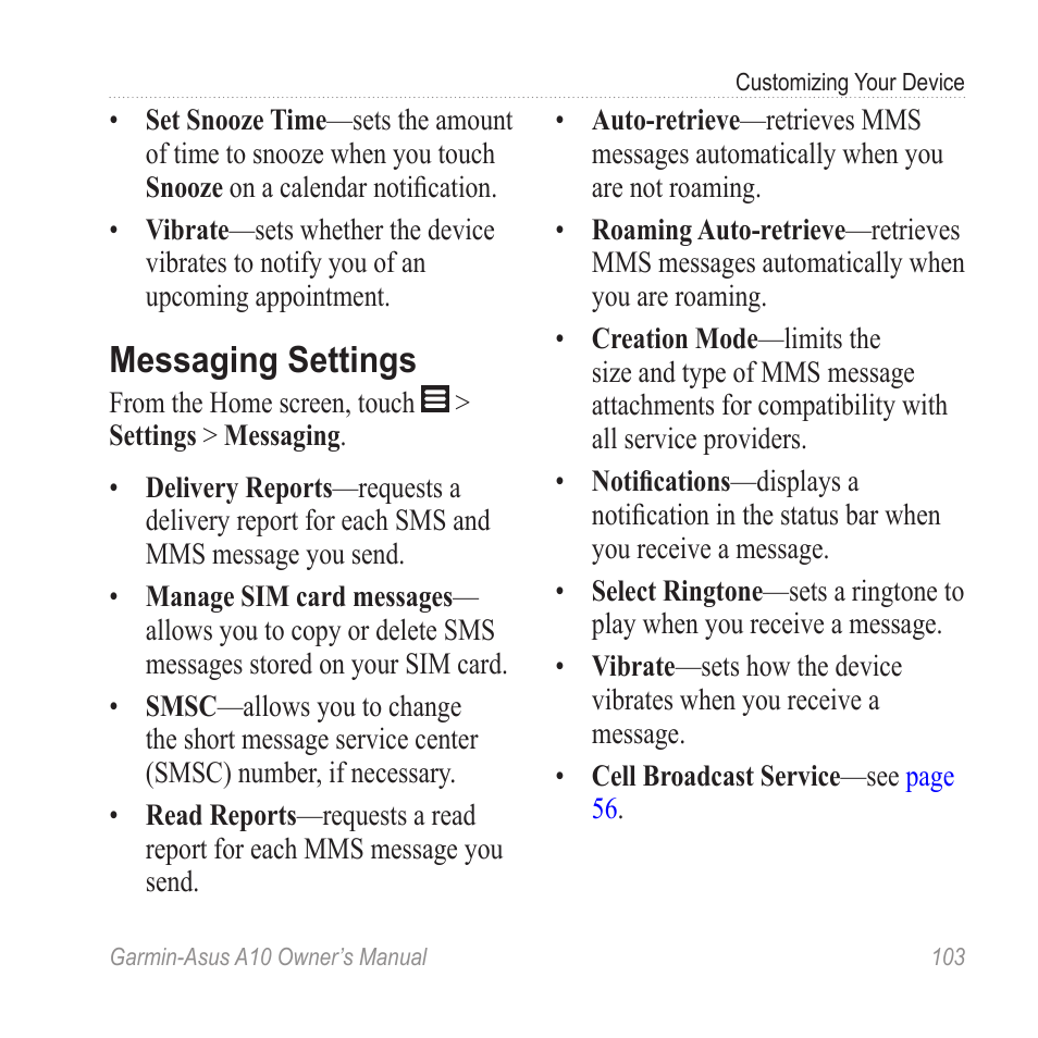 Messaging settings | Garmin ASUS A10 User Manual | Page 111 / 134