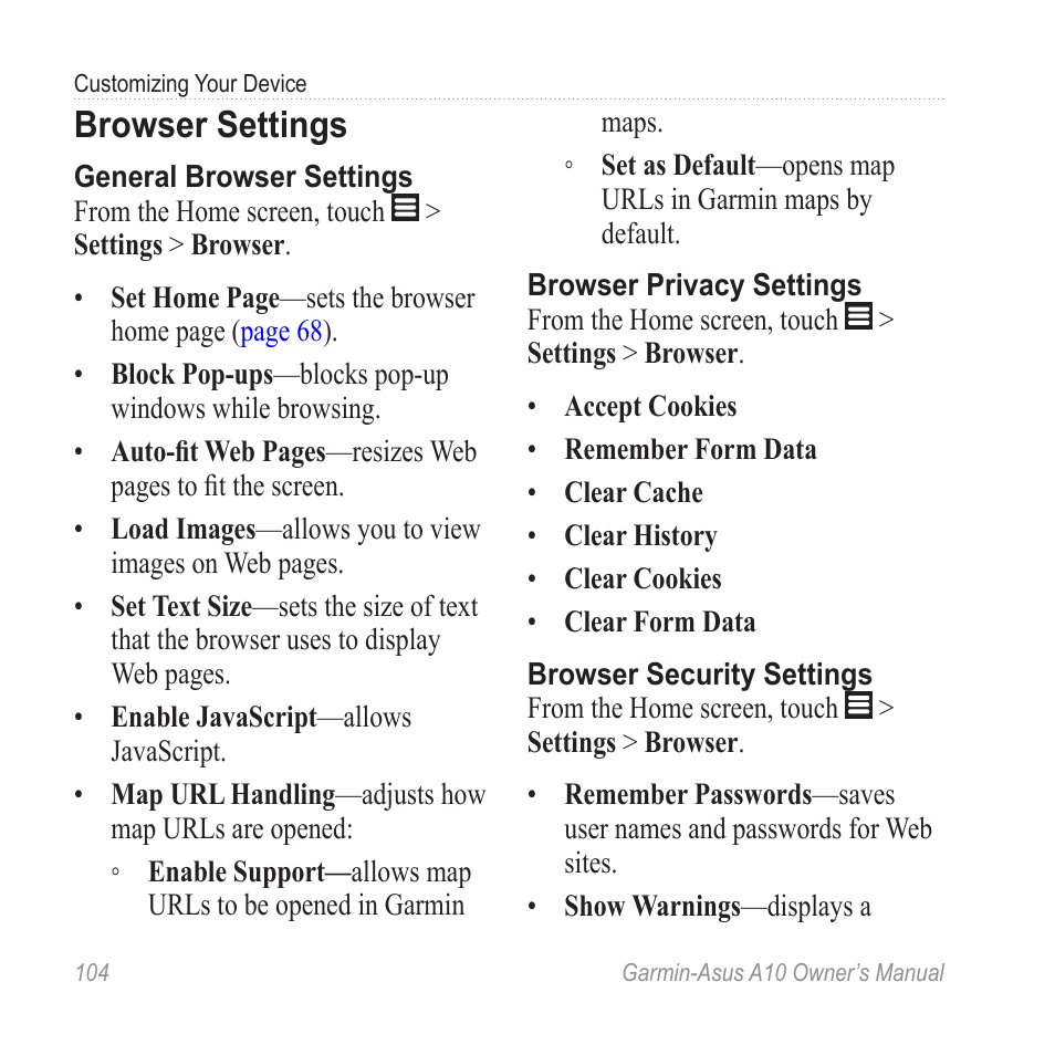 Browser settings | Garmin ASUS A10 User Manual | Page 112 / 134