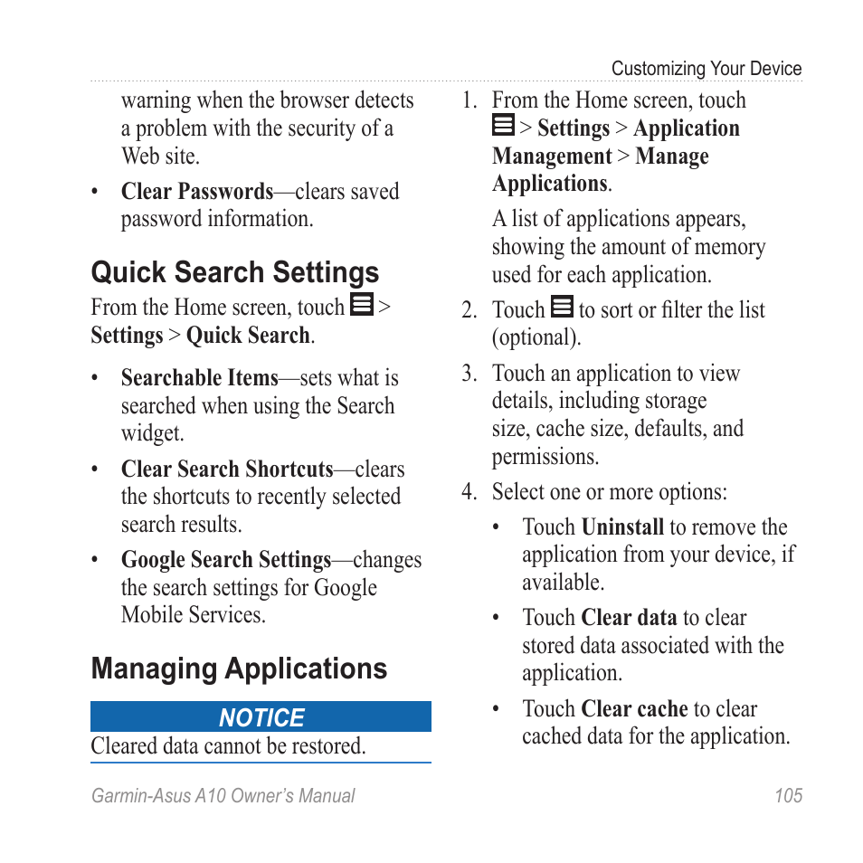 Quick search settings, Managing applications | Garmin ASUS A10 User Manual | Page 113 / 134