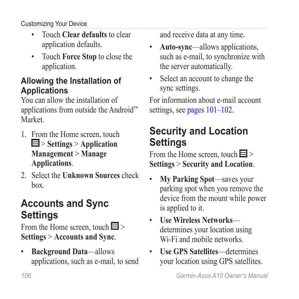 Accounts and sync settings, Security and location settings | Garmin ASUS A10 User Manual | Page 114 / 134