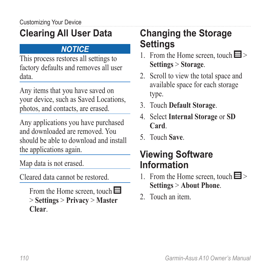 Clearing all user data, Changing the storage settings, Viewing software information | Garmin ASUS A10 User Manual | Page 118 / 134