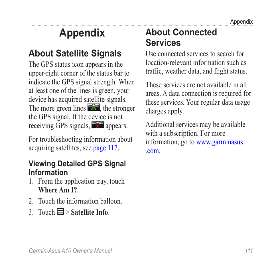 Appendix, About satellite signals, About connected services | Garmin ASUS A10 User Manual | Page 119 / 134