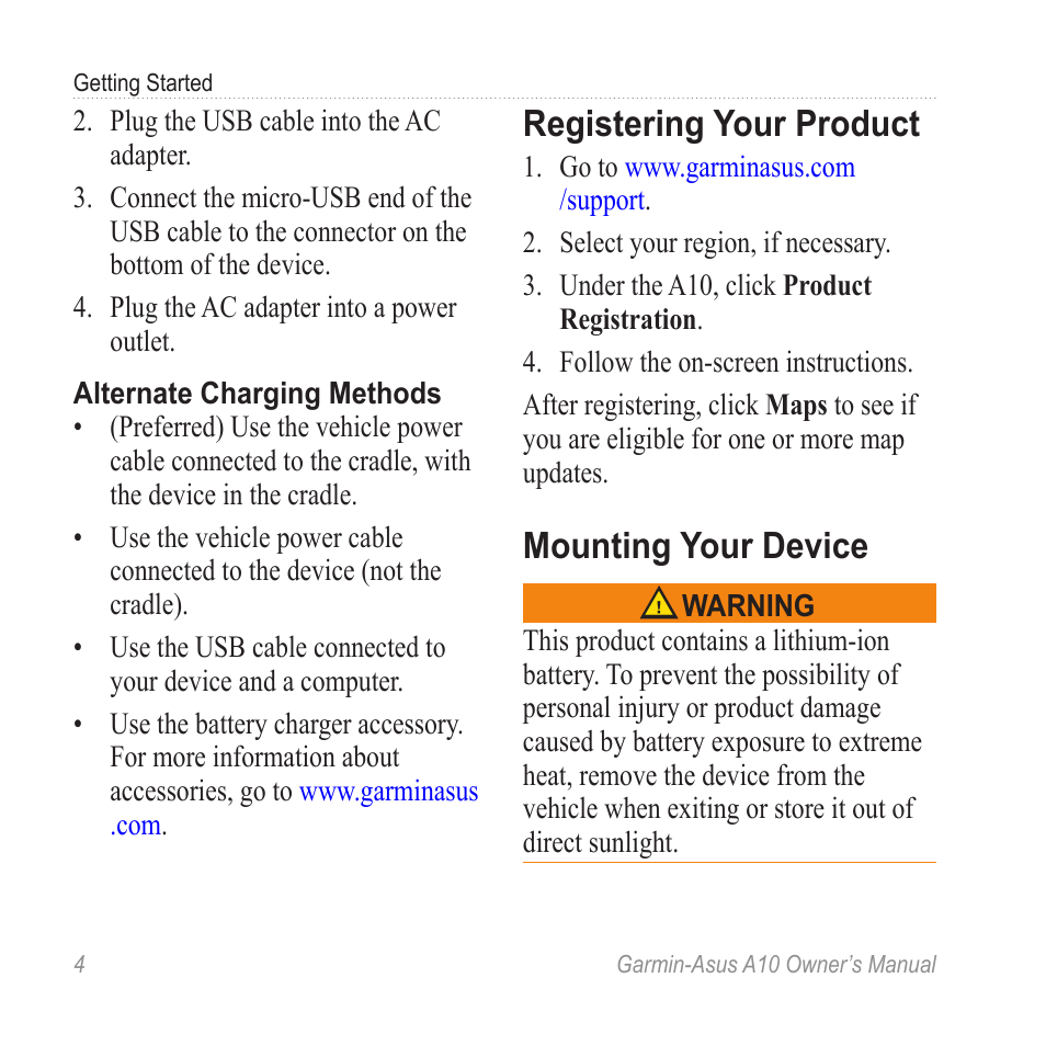 Registering your product, Mounting your device | Garmin ASUS A10 User Manual | Page 12 / 134