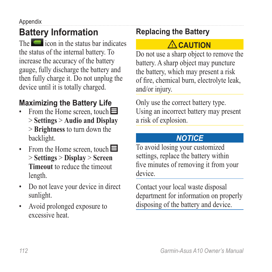 Battery information | Garmin ASUS A10 User Manual | Page 120 / 134