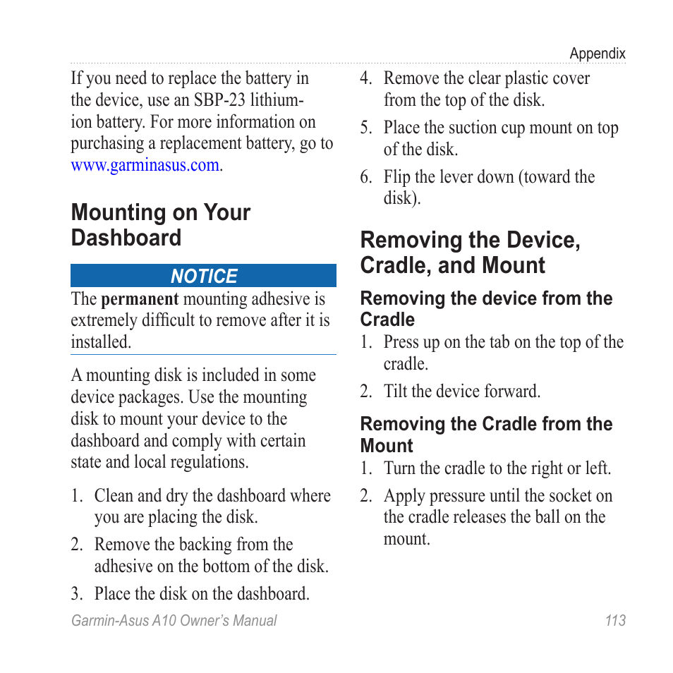 Mounting on your dashboard, Removing the device, cradle, and mount, Removing the device, cradle | And mount | Garmin ASUS A10 User Manual | Page 121 / 134