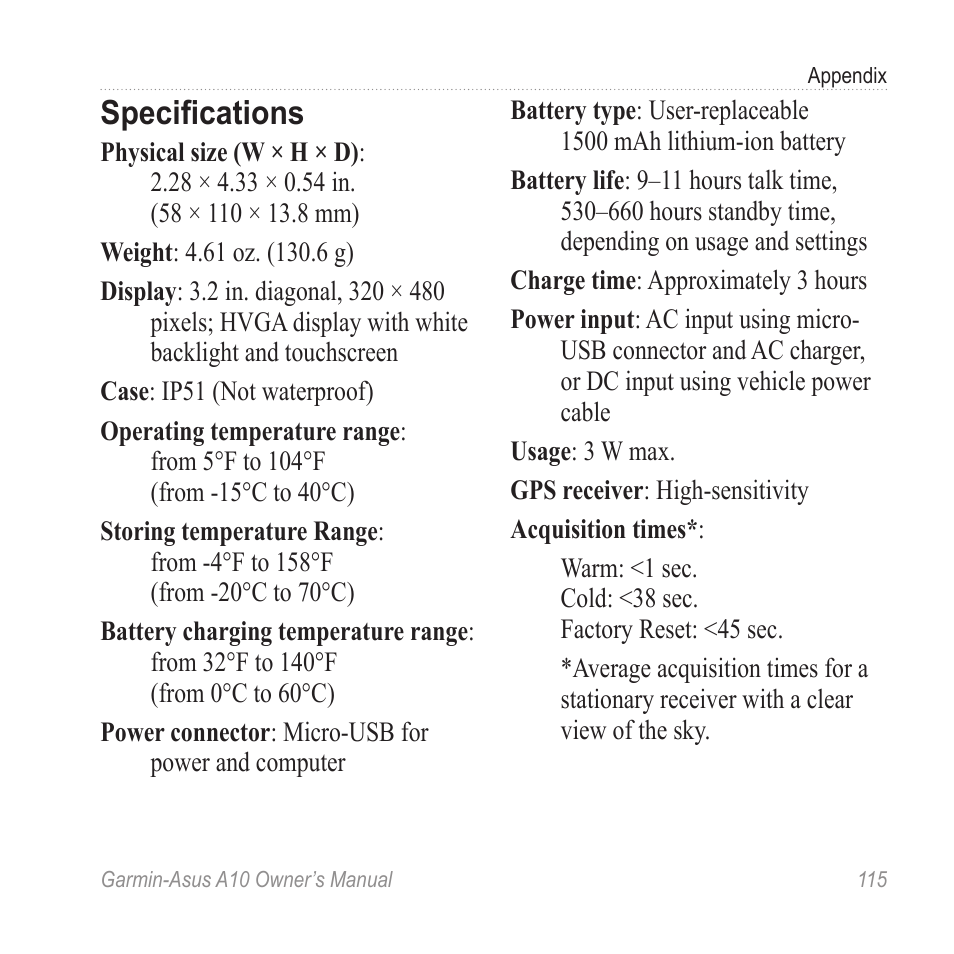 Specifications | Garmin ASUS A10 User Manual | Page 123 / 134