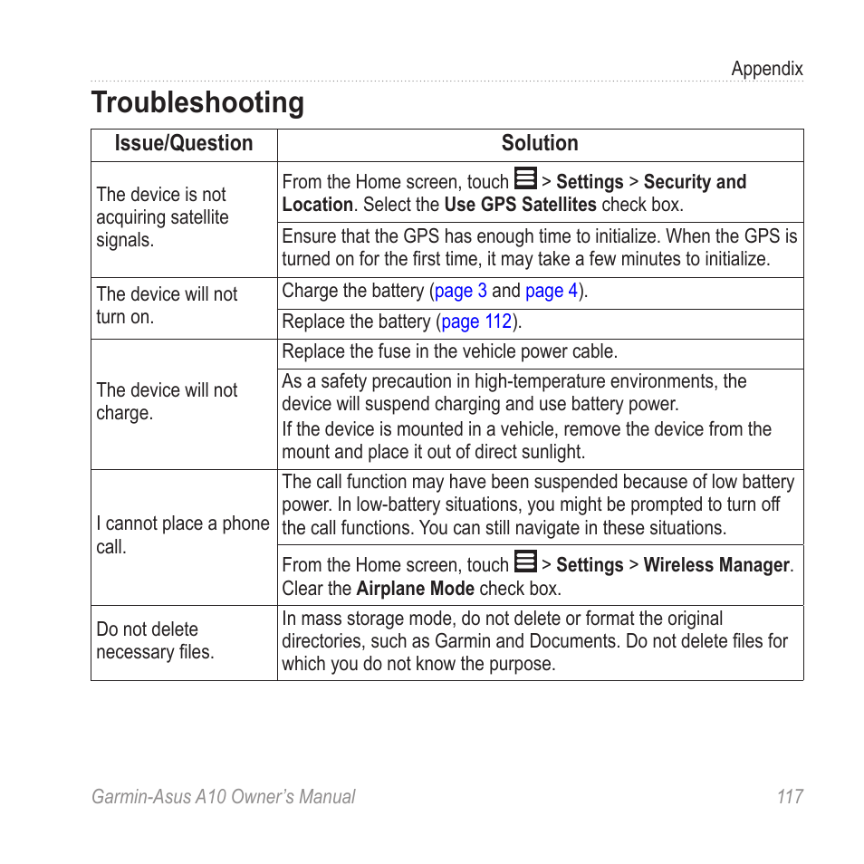 Troubleshooting | Garmin ASUS A10 User Manual | Page 125 / 134