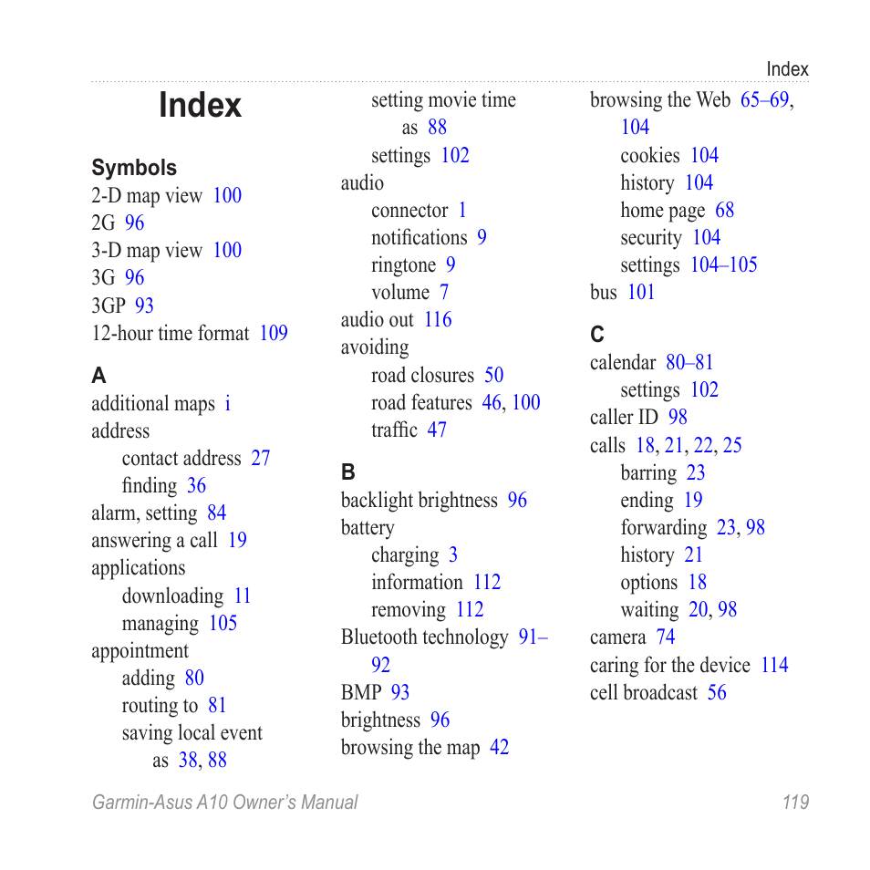 Index | Garmin ASUS A10 User Manual | Page 127 / 134