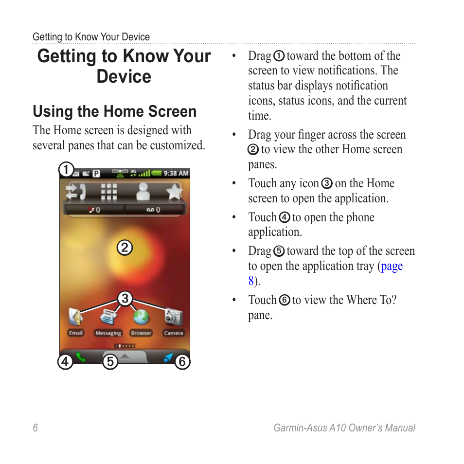 Getting to know your device, Using the home screen | Garmin ASUS A10 User Manual | Page 14 / 134